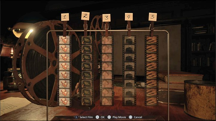 The goal of the puzzle is to arrange the film in the correct order - you can move it around and hang it in different places - Resident Evil Village: Film Projector Puzzle solution - House Beneviento - Puzzle solutions - Resident Evil Village Guide
