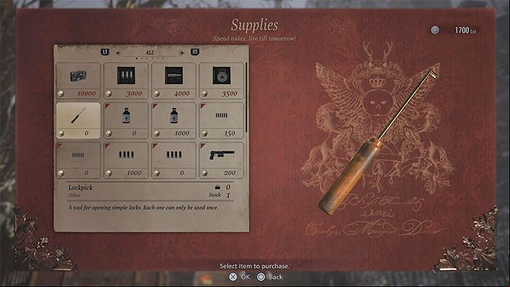 The firs lockpick is in Duke's possession, who is a mobile trader that appears throughout the game - Resident Evil Village: Lockpicks - how to acquire and use them? - FAQ - Resident Evil Village Guide