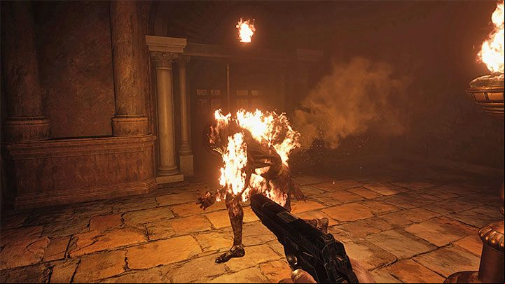 A single enemy will appear in one of the side rooms - don't kill him, just let him get close to one of the braziers and get set on fire - Resident Evil Village: Golden Chests - map, list - Secrets & Collectibles - Resident Evil Village Guide