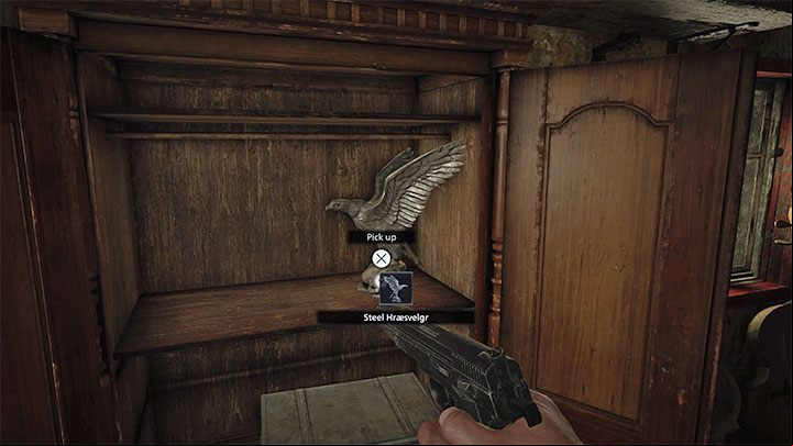 Inside the closet, you'll find a Steel Hraesvelgr treasure (sell it to the Duke) and a suitcase with a F2 Rifle High-Capacity Mag weapon upgrade (it fits the sniper) - Resident Evil Village: Golden Chests - map, list - Secrets & Collectibles - Resident Evil Village Guide