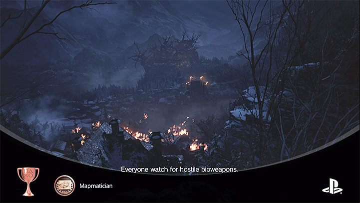 You can only receive the trophy after advancing to the finale, specifically after reaching the vicinity of the burning village (image above) - Resident Evil Village: Trophies/Achievements list - Appendix - Resident Evil Village Guide