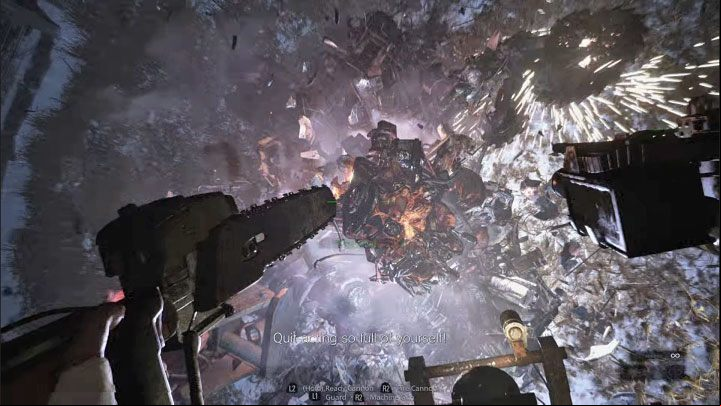 Once you've dealt enough damage to the boss, Heisenberg will create a sort of tornado that will pull the tank towards it - Resident Evil Village: Mutated Heisenberg - boss, how to beat? - Resident Evil Village Guide