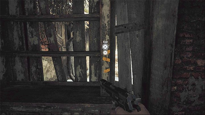 The main character has to investigate the shed and in the spot in the picture, you will need to use the interaction button to unlock further age - Resident Evil Village: Finding the house with the red chimney - walkthrough - Village - 2nd visit - Resident Evil Village Guide