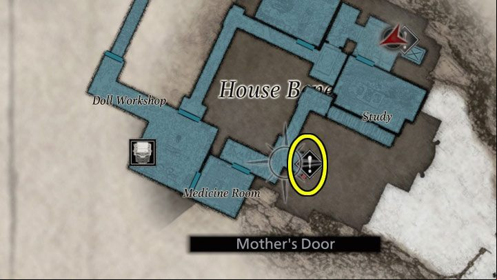 You must now reach the Mother's Door pictured in the above images, which is adjacent to the room with the sink - Resident Evil Village: Getting out of the basement - walkthrough - Beneviento House - Resident Evil Village Guide