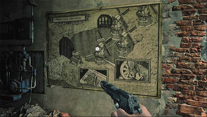 A drawing on the wall inside the building is a hint - you will have to reach the nearby Windmill and use the crank to guarantee power supply to the Gatehouse and activate the sluice gate controls - Resident Evil Village: Going through the reservoir, avoiding the fish - walkthrough - Fortress - Resident Evil Village Guide