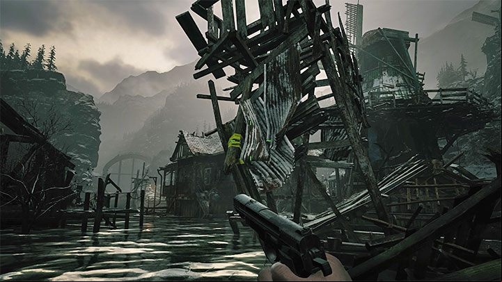 Keep moving forward and that you don't have to rush anywhere if you are standing on a stable object - Resident Evil Village: Going through the reservoir, avoiding the fish - walkthrough - Fortress - Resident Evil Village Guide