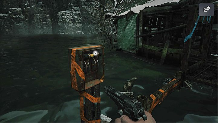 You're about to solve an environmental mini-puzzle in which you must pull levers and make the platforms temporarily resurface - Resident Evil Village: Going through the reservoir, avoiding the fish - walkthrough - Fortress - Resident Evil Village Guide