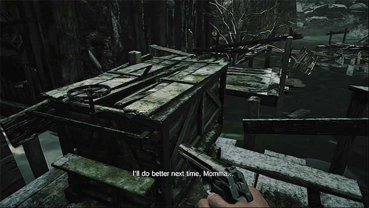 Once again, you'll have to run across wooden footbridges floating on the water and avoid being eaten by the giant fish that is hunting Ethan - Resident Evil Village: Going through the reservoir, avoiding the fish - walkthrough - Fortress - Resident Evil Village Guide
