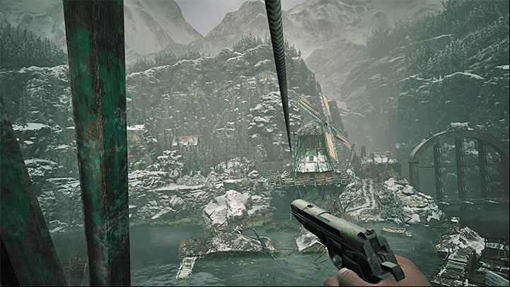Take advantage of the new ladder and after climbing up, you have to slide down the rope - Resident Evil Village: Going through the reservoir, avoiding the fish - walkthrough - Fortress - Resident Evil Village Guide
