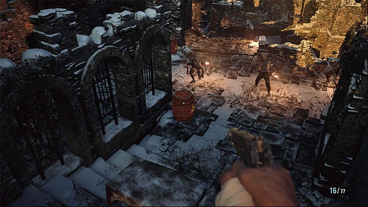 Once you reach the locked gate, use the ladder to reach the first of the two mechanisms responsible for raising it - Resident Evil Village: Going through the stronghold - walkthrough - Fortress - Resident Evil Village Guide
