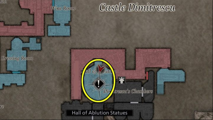 The location of solving the Hall of Ablution Statues puzzle is shown in the attached images - Resident Evil Village: 4 Statues Puzzle - Hall of Ablution Statues - Puzzle solutions - Resident Evil Village Guide
