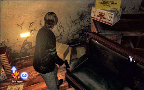 But before you go upstairs, pick up the ammo lying on the boxes to the left - Chapter 1 - The Campus | Leons campaign - Leons campaign - Resident Evil 6 Game Guide