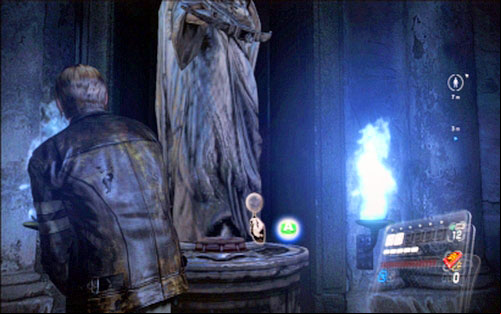 Pull one of them and then quickly run towards the shooting statue and press a button at its base (A) - Chapter 2 - The Cathedral | Leons campaign - Leons campaign - Resident Evil 6 Game Guide