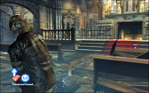 Next to the corpse youll find a key card, which opens the door under the altar - Chapter 2 - The Cathedral | Leons campaign - Leons campaign - Resident Evil 6 Game Guide