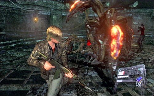 In order to defeat the opponent, you have to destroy three yellow glands located on long tentacles - Chapter 2 - Underground Laboratory | Leons campaign - Leons campaign - Resident Evil 6 Game Guide