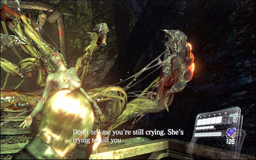 During the ride you have to perform three actions: avoid obstacles (X+A), shoot barrels on tracks and shoot Deborahs yellow glands when she lands on the cart - Chapter 2 - Underground Laboratory | Leons campaign - Leons campaign - Resident Evil 6 Game Guide