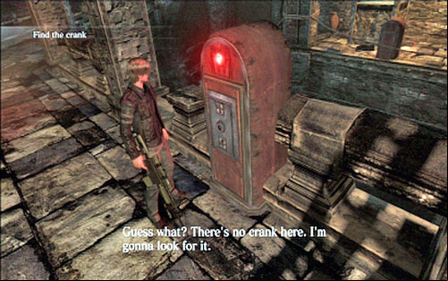 A few steps further youll find a mechanism which opens the crate - unfortunately the crank is missing - Chapter 3 - The Catacombs | Leons campaign - Leons campaign - Resident Evil 6 Game Guide