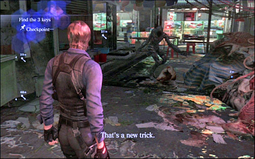 Run forwards until you get to the door which can be open with three keys - Chapter 4 - The Outdoor Market | Leons campaign - Leons campaign - Resident Evil 6 Game Guide
