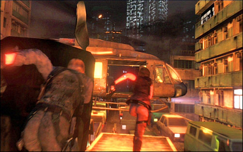 While holding A all the time, you have to run to the screen direction and then jump to the chopper - Chapter 5 - The City | Leons campaign - Leons campaign - Resident Evil 6 Game Guide