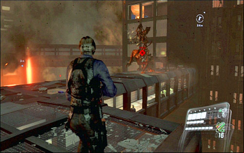 In this phase you have to keep shooting at enemy, while picking up ammo and avoiding deadly attacks - Chapter 5 - The Final Fight with Simmons | Leons campaign - Leons campaign - Resident Evil 6 Game Guide