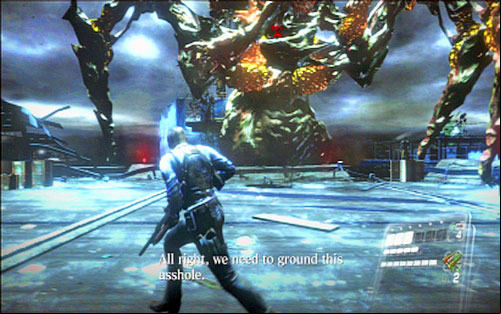 At the very beginning keep shooting at orange glands on creatures body, waiting until enemy pulls a zombie pierced with electrical spike - Chapter 5 - The Final Fight with Simmons | Leons campaign - Leons campaign - Resident Evil 6 Game Guide