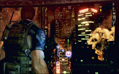 Right after cut-scene press B to slide down the rope to the buildings rooftop and then head to the direction indicated by soldiers - Chapter 1 - City Alleys | Chriss campaign - Chriss campaign - Resident Evil 6 Game Guide