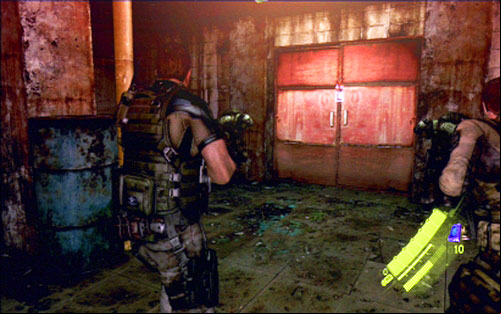 Together with the rest of team you have to go to the bottom of the building and go outside through the large red door - Chapter 1 - City Alleys | Chriss campaign - Chriss campaign - Resident Evil 6 Game Guide
