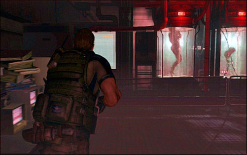 Behind next door youll find a laboratory with large water containers and an elevator - Chapter 3 - The Secret Lab | Chriss campaign - Chriss campaign - Resident Evil 6 Game Guide