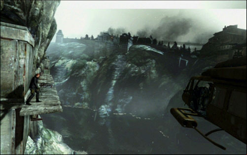 When you see the oncoming helicopter start running along the edge of the cliff (hold A) jumping above wide holes - Chapter 1 - The Mountain Path | Jakes campaign - Jakes campaign - Resident Evil 6 Game Guide