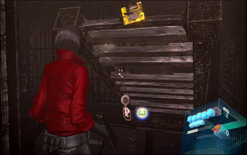 At the beginning go up the stairs and shoot the golden lock to lower the bridge - Chapter 2 - Second Fragment of The Key | Adas campaign - Adas campaign - Resident Evil 6 Game Guide