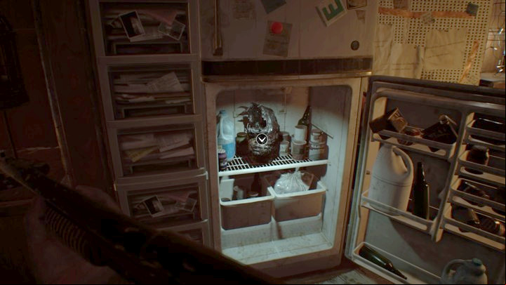 The head in the fridge - the sticky note is hidden on its other side. - Resident Evil 7: Old House, Yard, Greenhouse Map - Secrets - Secrets and Maps - Resident Evil 7 Guide, Walkthrough