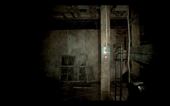 The button that opens the stairs to the attic (requires the fuse in the fuse box) - Resident Evil 7: Beginning Hour - True Ending - Beginning Hour (demo version walkthrough) - Resident Evil 7 Guide, Walkthrough
