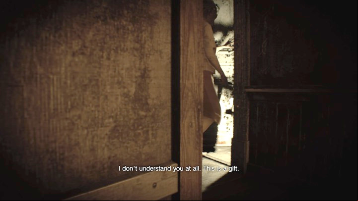 Hide behind the box, and wait until Marguerite moves through the door - Resident Evil 7: Main House: Main Hall walktrough - Resident Evil VII Walkthrough - Resident Evil 7 Guide, Walkthrough