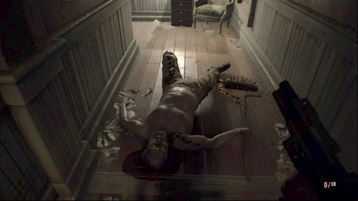 A few headshots and your enemy is down - but only for a few minutes - Resident Evil 7: Main House: Main Hall walktrough - Resident Evil VII Walkthrough - Resident Evil 7 Guide, Walkthrough