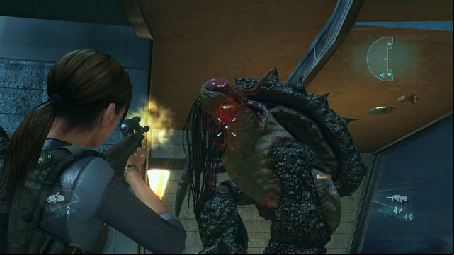 After that you have few seconds to fire at his unarmored head or abdomen - Cat and Mouse - part II - Episode 6 - Resident Evil: Revelations - Game Guide and Walkthrough