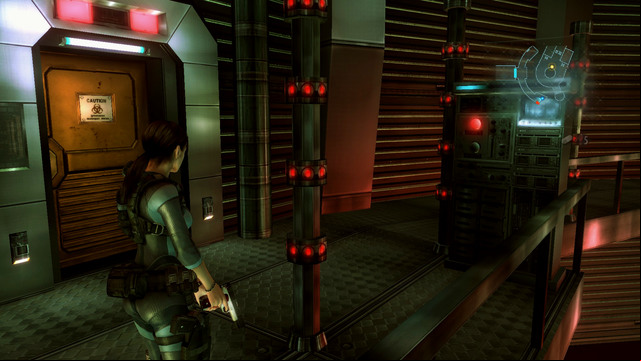 Behind next lasers you find a button which turns off all barriers - No Exit - part II - Episode 9 - Resident Evil: Revelations - Game Guide and Walkthrough