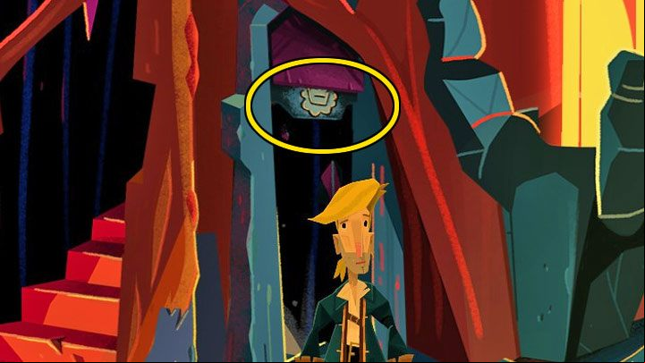 Above the second stone door you can see the lower part of the drawing - Return to Monkey Island: Find LeChuck (Chapter 5) - walkthrough, solution - Part 5 - Beneath the Monkey Head - Return to Monkey Island Walkthrough