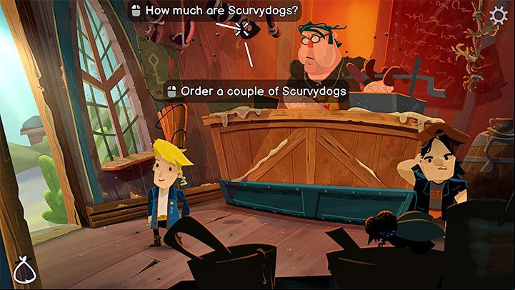 In the store, you can talk to the owner or try to take Scurvydogs - you'll find out that you will have to pay for them - Return to Monkey Island: Prelude - walkthrough - Prelude - An Unexpected Story Begins - Return to Monkey Island Walkthrough