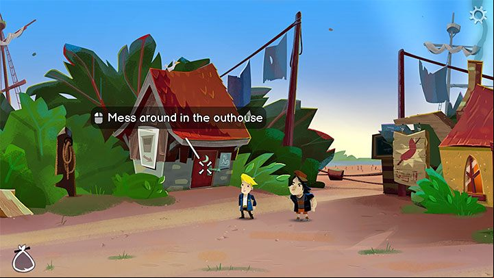 Exit the store and try to open the Outhouse on the left - Return to Monkey Island: Prelude - walkthrough - Prelude - An Unexpected Story Begins - Return to Monkey Island Walkthrough