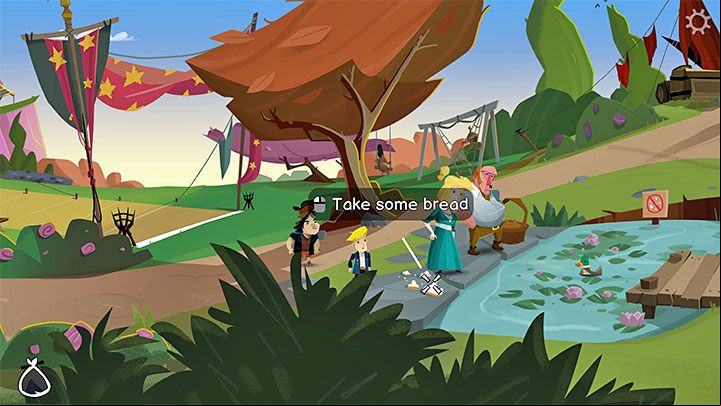 By going further to the right, you will reach the duck tank, but you cannot pick up the bread and feed it right away - the married couple won't let you do that - Return to Monkey Island: Prelude - walkthrough - Prelude - An Unexpected Story Begins - Return to Monkey Island Walkthrough