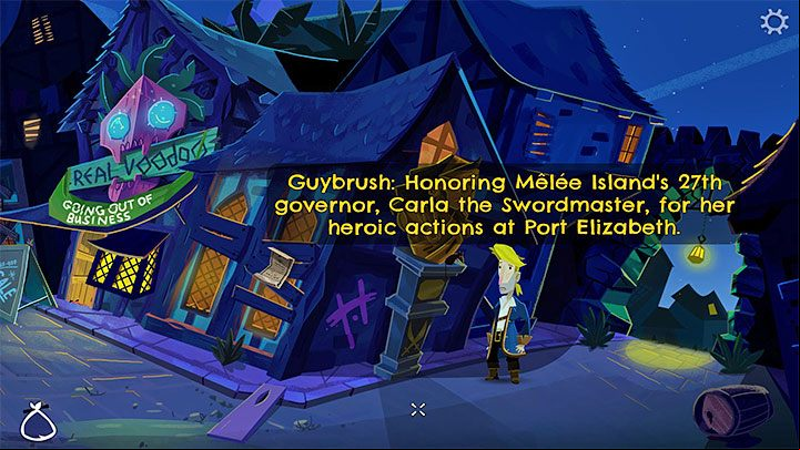 The second clue is the statue of Carla in Low Street - Return to Monkey Island: Get a mop - walkthrough - Part 1 - A Friendly Place - Return to Monkey Island Walkthrough