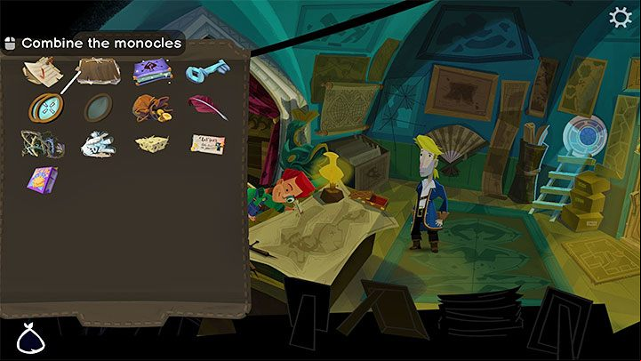 Open your inventory and combine both monocles - Return to Monkey Island: Get a disguise - walkthrough - Part 1 - A Friendly Place - Return to Monkey Island Walkthrough