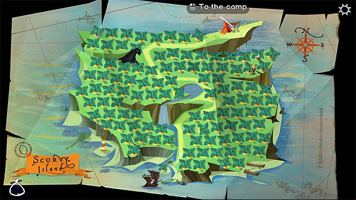 Travel to Scurvy Island and after viewing its map, reach the camp - Return to Monkey Island: Bella Fishers Golden Key - walkthrough, solution - Part 4 - Things Get Complicated - Return to Monkey Island Walkthrough