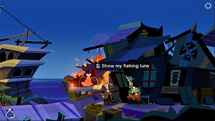 Pirate - a person sitting in front of the destroyed Scumm Bar on the docks on Melee Island - Return to Monkey Island: Bella Fishers Golden Key - walkthrough, solution - Part 4 - Things Get Complicated - Return to Monkey Island Walkthrough