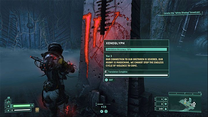 We will get the trophy once we interact with a Xenoglyph to complete the translation after we have discovered enough ciphers (our progress is preserved even after restarting the cycle) - Returnal: Trophies - list - Appendix - Returnal Guide