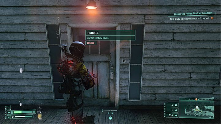 When you try to examine the house, you will find out that its front door is locked - Returnal: Home - how to get inside? - Exploration - Returnal Guide