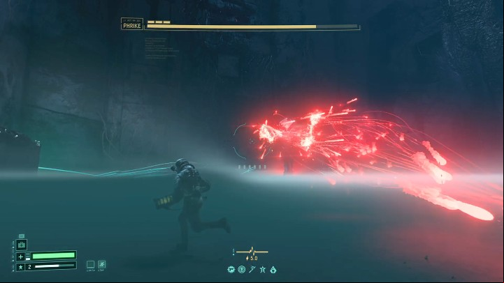 Phrike can fire a series of red missiles from his three hands, which are not 100% homing but can slightly change the trajectory to hit the target - Return: Phrike boss - how to beat? - Bosses - Returnal Guide