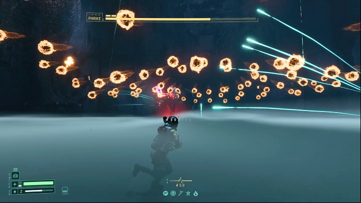 The second dangerous skill you should be careful dealing with this boss is the glowing orbs he creates over his head and then sends in all directions - Return: Phrike boss - how to beat? - Bosses - Returnal Guide