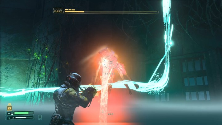 The last skill that Phrike uses during the first phase of the fight is the red laser beam, which the boss first leads on the ground and then makes a quick, smooth cut in a straight line up - be prepared to dodge sideways - Return: Phrike boss - how to beat? - Bosses - Returnal Guide