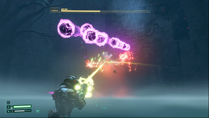 In the second phase, Phrike fires a much longer series of purple orbs - instead of three waves, you will have to avoid nine of them fired one after another in very short intervals - Return: Phrike boss - how to beat? - Bosses - Returnal Guide